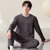 Pijama Masculino de Algodão com Gola Redonda, Em Estoque para Atacado, Novo Estilo Casual de Outono em Cor Sólida, Pode Ser Enviado como Item Único