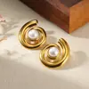 Brincos redondos de aço inoxidável com banho de ouro 18K europeus e americanos para uso transfronteiriço, brincos geométricos, joias de orelha com textura trançada e imitação de pérola