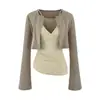 26 Otoño Estilo Coreano Versátil Ajustado Manga Larga Corto Cuello Redondo Tejido de Algodón de Bambú Conjunto de Cárdigan + Camisola + Falda Larga Bodycon