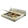 Cama minimalista estilo tatami em creme para quarto principal, cama de tecido fosco, cama cubo tamanho casal, cama de casamento para casa e pousadas