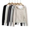 Roupas femininas europeias e americanas, estilo coreano, novo, desejo puro, com zíper duplo, design de bloco com capuz, manga comprida, reparo