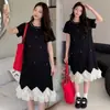 2026 Nueva Moda de Verano Estilo Coreano Holgado Adelgazante Cuello Redondo Longitud Media Vestido de Punto para Mujeres Embarazadas Menudas