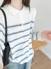Estilo Coreano 100% Lana Pura Cuello Polo Tejido para Mujer Otoño/Invierno Nuevo Llegado Estilo Universitario Suéter de Rayas Pulóver Top