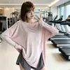 Conjunto de yoga com top de manga longa, duas peças de corte solto, design com fenda, secagem rápida, respirável, plus size, capa fitness modeladora e calça de yoga