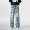 Novos jeans masculinos estilo americano, de rua, corte solto, retrô, corte justo, com design de cruz estampado, calças harém de perna larga