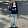 Sudadera con Patchwork y Ribete de Encaje para Niñas, Cuello Polo, Conjunto Casual de Dos Piezas para Primavera/Otoño con Jeans