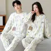 Pijama de Algodón Puro con Dibujos de Gatos Lindos de Moda para Primavera y Otoño, Suéter de Manga Larga y Pantalón Largo, Conjunto de Dos Piezas para Pareja