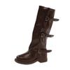 Botas Pretas Empilhadas da Moda com Fivela de Cinto para Mulheres, Novas Botas Western Cowboy Retrô Outono e Inverno 2025 com Barra de Calça Moda