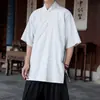 Bata holgada, imitación lino, talla grande, manga corta, inspirada en el Zen, cárdigan de estilo antiguo para hombre, con cuello cruzado y tapeta diagonal, chaqueta Hanfu, estilo chino de verano