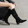 Botas Altas Debajo de la Rodilla, Botas de Media Pantorrilla para Mujer, Nuevas Botas Elegantes Versátiles Arrugadas Otoño e Invierno 2026, Botas de Montura de Tacón Medio, Botas Vaqueras