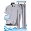 Traje Casual de Seda Helada de Verano para Hombre, Conjunto de Dos Piezas de Camiseta de Manga Corta y Pantalones para Papás de Mediana Edad, Ropa para Abuelos de Mediana Edad y Mayores