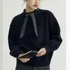 Suéter Pulóver Gris 2026 para Mujer Diseño a Cuadros con Lazos Cuello Redondo Holgado Hombros Caídos Top de Punto Atmósfera Otoño/Invierno