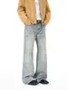 Roupas Masculinas Fengshe / Calça Jeans Rasgada Retro Americana com Efeito Olho de Gato e Padrão de Bambu, Calça Casual Tendência Unissex de Perna Reta Levemente Flare