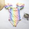 2023 Nuevo traje de baño para niñas de Amazon, traje de baño de manga abullonada con estampado de bronceado, traje de baño de una pieza para niñas, estampado de playa