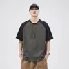 Camiseta Branca de Manga Curta Raglan Pesada Estilo Americano 250G para Homens, Marca Tendência de Verão, Caimento Solto, Color Blocking, Camiseta Casual e Versátil