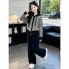 Moda Casual Estilo Coreano Estilo Perezoso Cardigan Rayado con Capucha de Manga Larga Pantalones Casuales Elegantes Conjunto de Dos Piezas para Niñas Primavera y Otoño