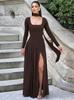Comércio Exterior Amazon Moda Feminina Outono 2025 Sexy Cor Contrastante Gola U Cor Sólida Fenda Manga Longa Vestido Venda por Atacado