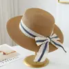 Sombrero de Paja Azul Rayado de Encaje con Lazo para Verano, Sombrero de Sol de Ala Ancha para Protección Solar de Mujer, Sombrero de Sol para Exteriores para Adelgazar el Rostro
