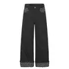 Pantalones casuales de mezclilla para hombre, marca de moda con dobladillos remangados, lunares en contraste, bolsillos, corte holgado único, pantalones rectos de pierna ancha