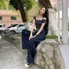 Pantalones Vaqueros Lavados Vintage Azules Pantalones de Pierna Ancha Sueltos Pantalones de Mujer para Primavera Cintura Alta Adelgazantes de Pierna Recta
