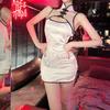 Sexy retro jacquard lace-up cheongsam uniforme perspectiva sedutora lingerie sexy stand collar fivela cardigan sexy cheongsam