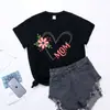 Comércio exterior novo manga curta solto casual MOM amor estampa de flor feminina Gola redonda top curto Gola redonda pescoço