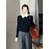 Suéter de punto negro sintético de dos piezas OEM para mujer, nuevo estilo corto ajustado de otoño e invierno 2026 con cuello tipo polo y mangas largas