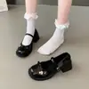 Sapatos Mary Jane Retrô de Salto Grosso para Mulheres 2024 Novo Estilo Laço Sapatos de Salto Único JK Japonês Tira Preta Sapatos de Couro