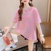 Talla Grande Colcha Algodón Rayas Azules y Blancas Camiseta Sea Soul de Manga Corta para Mujer Verano 2021 Estilo Coreano Holgada Adelgazante Cubre Vientre