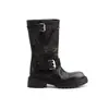 Botas de Cavaleiro com Solado Grosso Estilo Mãe de Uva Couro Genuíno Retro Botas Martin para Motociclista Femininas Outono/Inverno Novo Bico Redondo Tira com Fivela Meio da Panturrilha