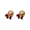 Pendientes de Perla con Poni de Terciopelo Borgoña Vintage para Mujer, Lujo Ligero, Estilo de Gama Alta, Pendientes de Botón Elegantes, Dulces Accesorios para Orejas con Lazo