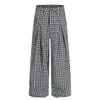 Calça plissada xadrez azul, calça casual fina para mulheres, calça longa larga relaxada estilo americano para homens
