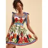 Moda Europeia Amazon Elegante Fashionável Estampada Renda Amarração Cintura Ajustada Saia Verão Novo Decote Quadrado Sem Mangas Vestido