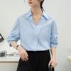 Camisa de Manga Corta a Rayas con Cuello en V Elegante Estilo Coreano para Commuter Verano 2025 Estilo Oficina Suéter Camisa Holgada para Mujer