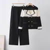 Traje Elegante Transfronterizo con Cuello de Solapa para Mujer 2025 Otoño e Invierno Nuevo Top de Punto de Doble Botonadura Pantalones de Pierna Ancha Conjunto de Dos Piezas