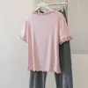 Camiseta Feminina Plus Size de Manga Curta com Gola U Franzida, Corte Justo, Novo Estilo Coreano de Verão, Top Doce e Simples Tendência