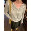 Cárdigan de Punto Rayado Estilo Coreano para Mujer, Nuevo Modelo Otoño Temprano 2026, Corte Holgado, Adelgazante, Versátil Top de Manga Larga para el Trabajo