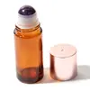 Botella dispensadora de aceite de ricino de vidrio ámbar de 50 ml, botella aplicadora roller de jade cristal rosa natural, botella aplicadora roller de cuarzo rosa