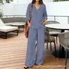 En stock 2026 nueva ropa de mujer para comercio exterior transfronterizo, suéter casual de punto con cuello en V y manga larga con pantalones largos de algodón lavado, disponible en varios colores