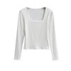 2416-25 Principios de Primavera Nuevo Estilo Coreano Pura Chica Picante Doble Cuadrado Cuello Manga Larga Camiseta Básica Ajustada al Cuerpo Camiseta