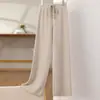Pantalones Largos Casuales Estilo Perezoso Banda Elástica de Gama Alta Caída Alta Cintura Rectos 100% Lana Pura Pierna Ancha para Mujer con Pinza Central