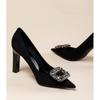 Elegante Profissional Preto Salto Super Alto Feminino 2024 Novo Bico Fino Strass Estilo de Alta Qualidade Salto Grosso Sapatos para Trabalho e Trabalho