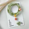 Pulseira Bodhi Natural Wansanyourou, Raiz de Bodhi Altamente Polida tipo Jade com Padrões Florais Verdes, Pulseira de Círculo Duplo para Mulheres