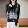 Nuevo cárdigan de punto de algodón puro con cuello redondo, de manga larga, a rayas de bloques de color, holgado, para mujer, de principios de otoño y primavera.