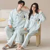 Ropa de Casa Pura de Algodón para Mujer, 100% Algodón, Se Puede Usar Afuera, Atuendo de Pareja, Cárdigan, Solapa, Pijama de Dibujos Animados, Conjunto de Dos Piezas