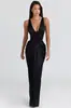 Vestido de Festa com Decote em V Profundo e Cintura Marcada com Estrutura de Peixe, Estilo Minimalista Francês de Alto Padrão, Vestido Longo de Cetim Liso com Pregas, Sexy para Mulheres