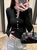 Camiseta de Manga Larga con Cuello Semiabierto con Botones Ins de Gama Alta para Mujer, Estilo Chica Caliente de Primavera, Ajustada, Camiseta Base Ajustada