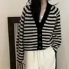 Nuevo Suéter Abrigo de Punto Grueso con Bloques de Color, Cuello en V Rayado Casual Vintage Estilo Coreano Otoño/Invierno para Mujer