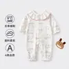 Mameluco de algodón puro para bebé, estilo primavera y otoño, mameluco floral de manga larga clase A para niña, cuello sin costuras, mameluco estilo princesa