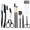 Aparador de sobrancelhas de aço inoxidável preto pinça de sobrancelhas kit aparador de sobrancelhas lâmina de barbear para sobrancelhas bolsa com zíper kit pente de sobrancelhas escova de sobrancelhas tesoura de sobrancelhas